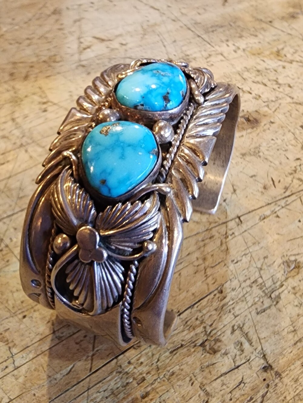 Vintage Navajo William & Cora Vandever Sterling Silver Turquoise Cuff Bracelet.